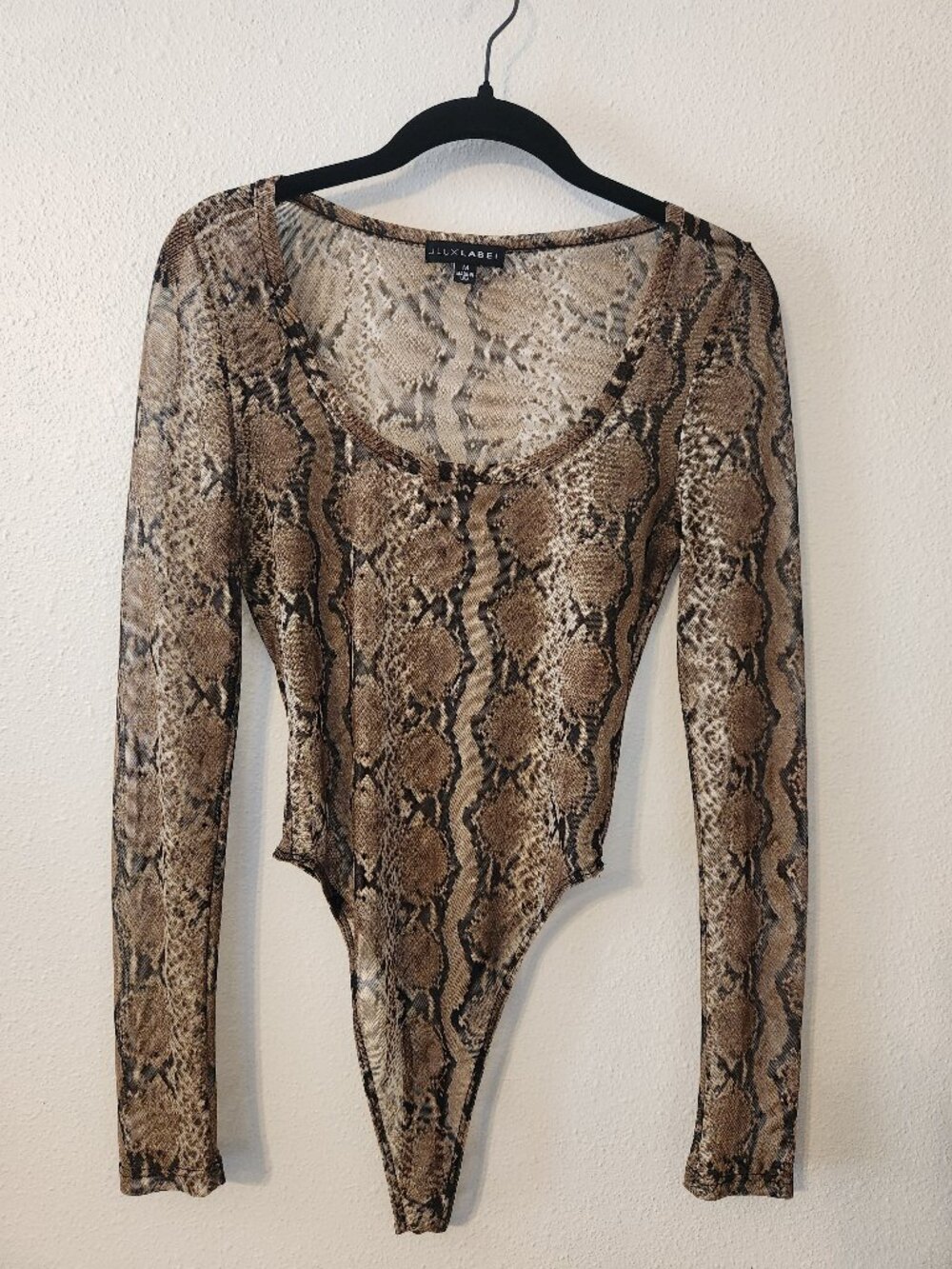 JLUXLABEL Brown and black Snake Print Long-Sleeve mesh Bodysuit